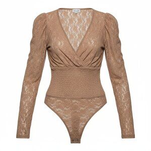 Le‎ Lis Bodysuit Womens Small Tan Sheer Lace Long Sleeve Smocked Waist Fairy